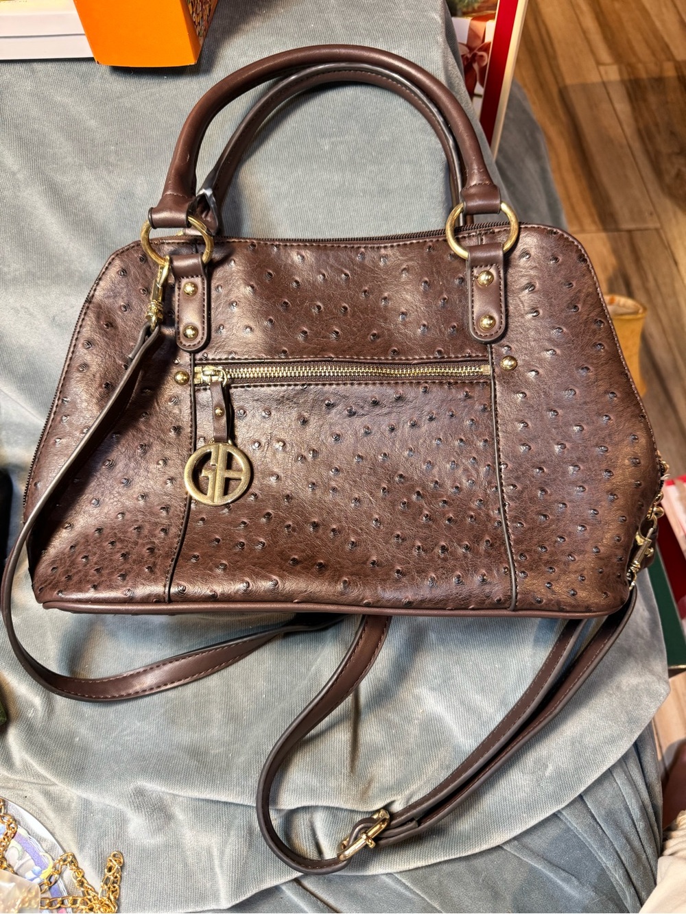 Brown ostrich-embossed dome satchel bag by Giani Bernini with Gold Accent